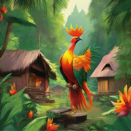 In a lush jungle, a mythical firebird elegantly spreads fire to the rustic huts. The native inhabitants, donned in traditional wear, radiate happiness amidst the radiant spectacle. The scene is a fusion of green foliage, rustic huts, and fiery hues.