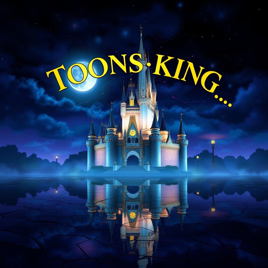 An enchanting original Disney-style castle at night, surrounded by a mystical atmosphere filled with deep blues and purples