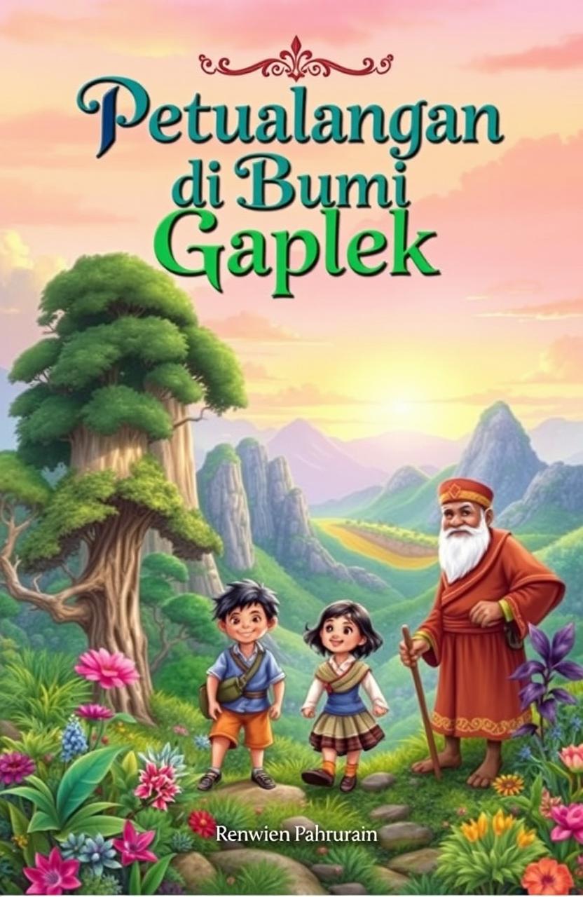 A vibrant and enchanting novel cover for 'Petualangan di Bumi Gaplek', featuring a lush, mystical landscape of Gaplek, with towering trees, colorful flora, and rolling hills