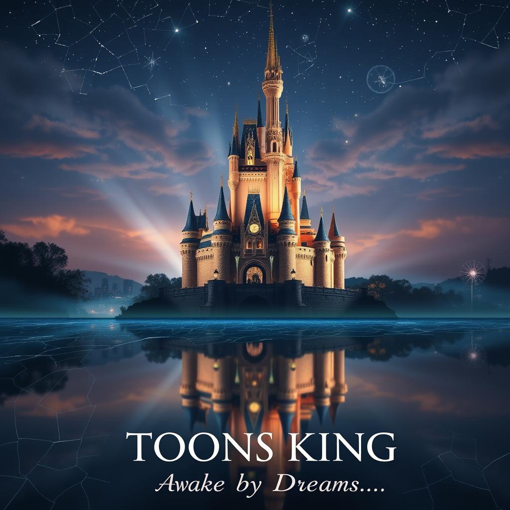 An enchanting and original Disney-style castle set against a nighttime backdrop