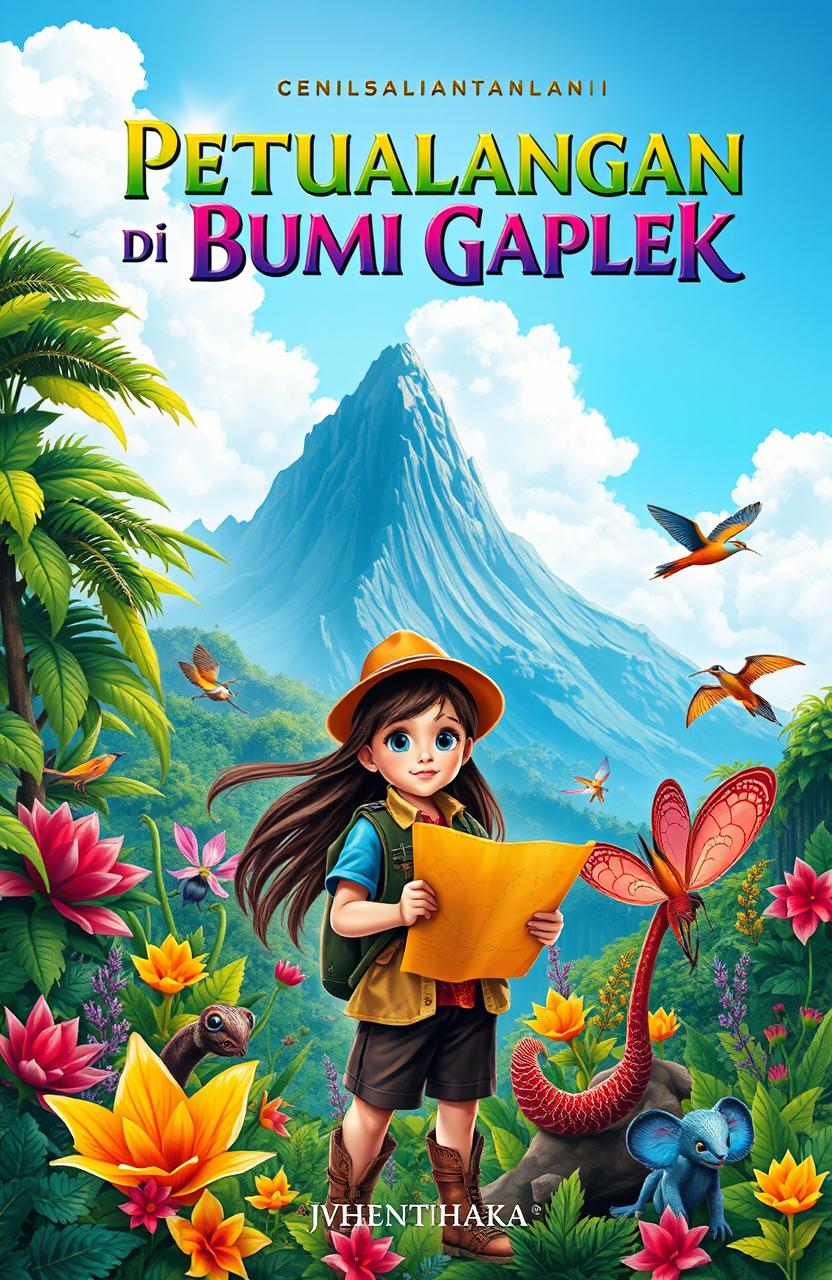 A captivating novel cover for the title 'Petualangan di Bumi Gaplek', featuring a lush, vibrant landscape that represents the mystical land of Gaplek