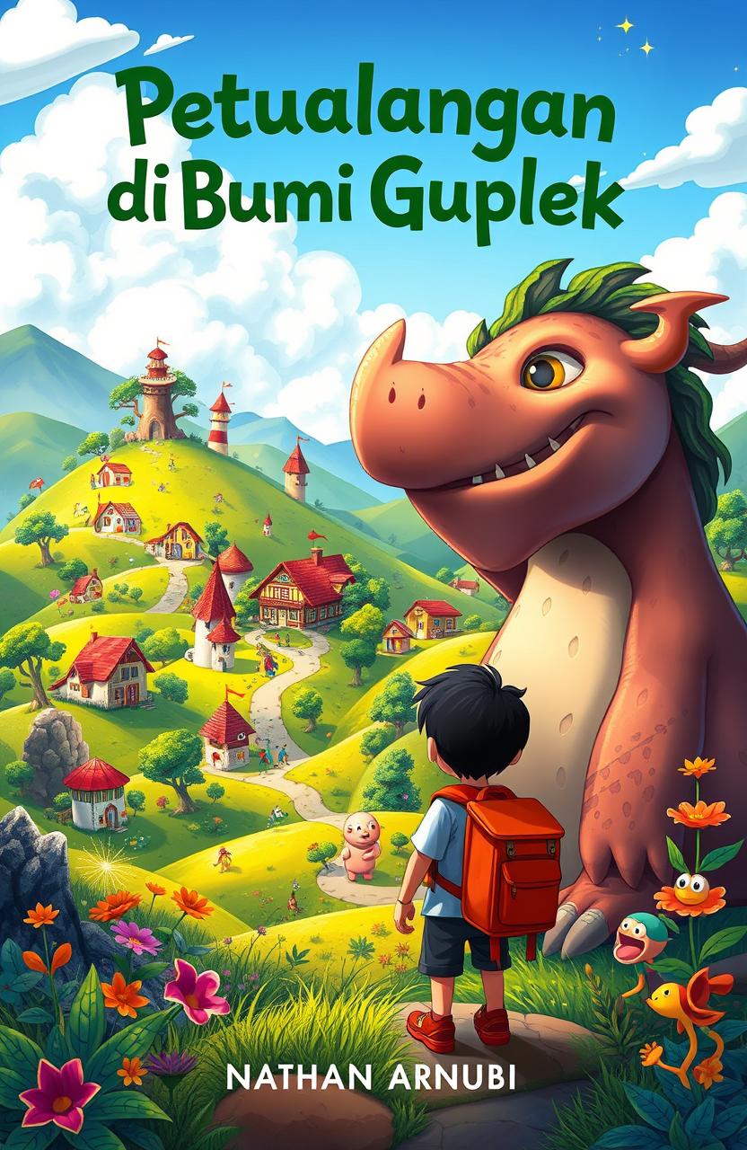 A vibrant and whimsical novel cover for 'Petualangan di Bumi Gaplek' by Nathan Arnusa, set in a magical, lush landscape reminiscent of Studio Ghibli's style