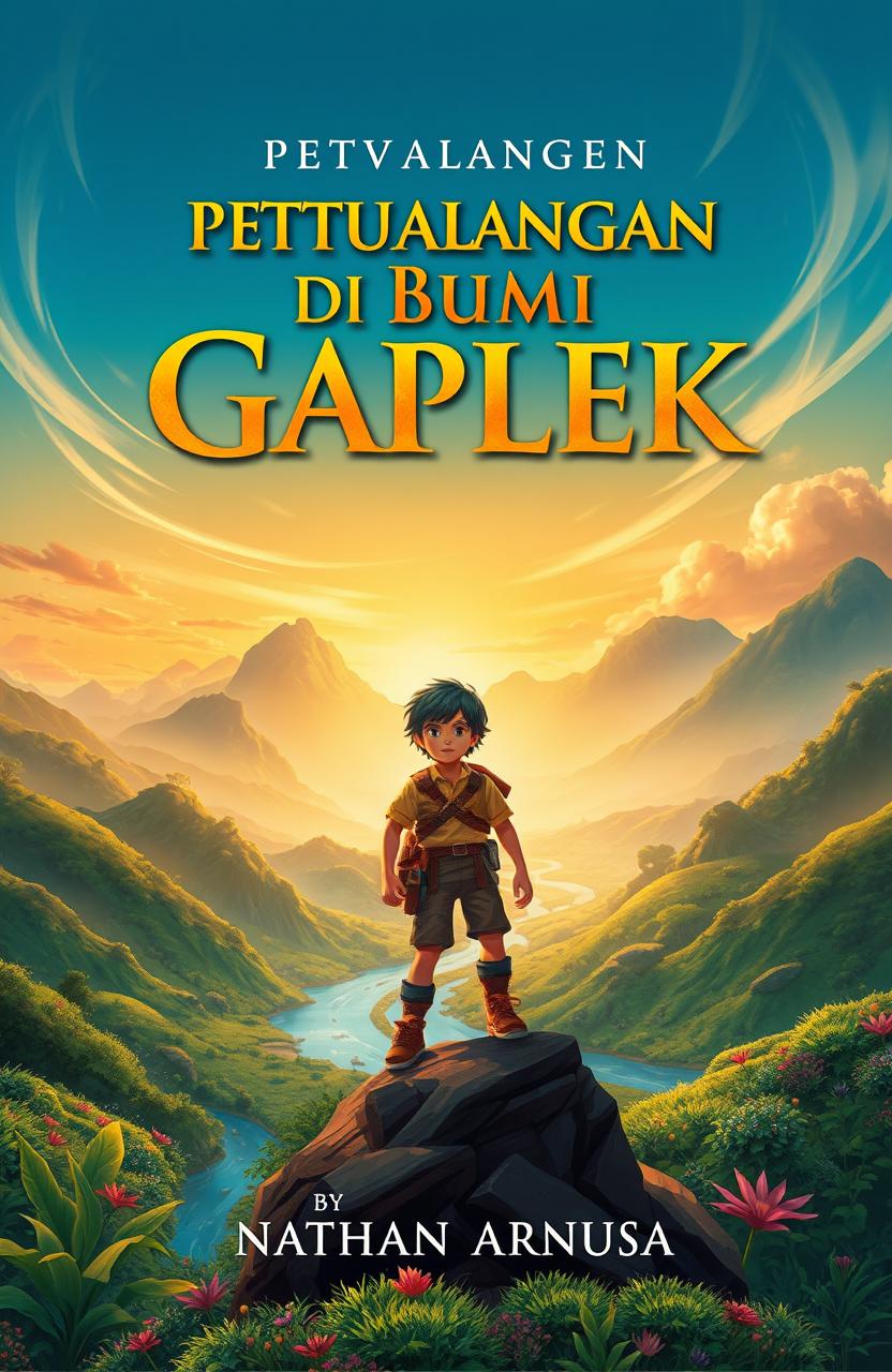 A captivating cover design for a novel titled 'Petualangan di Bumi Gaplek' by Nathan Arnusa