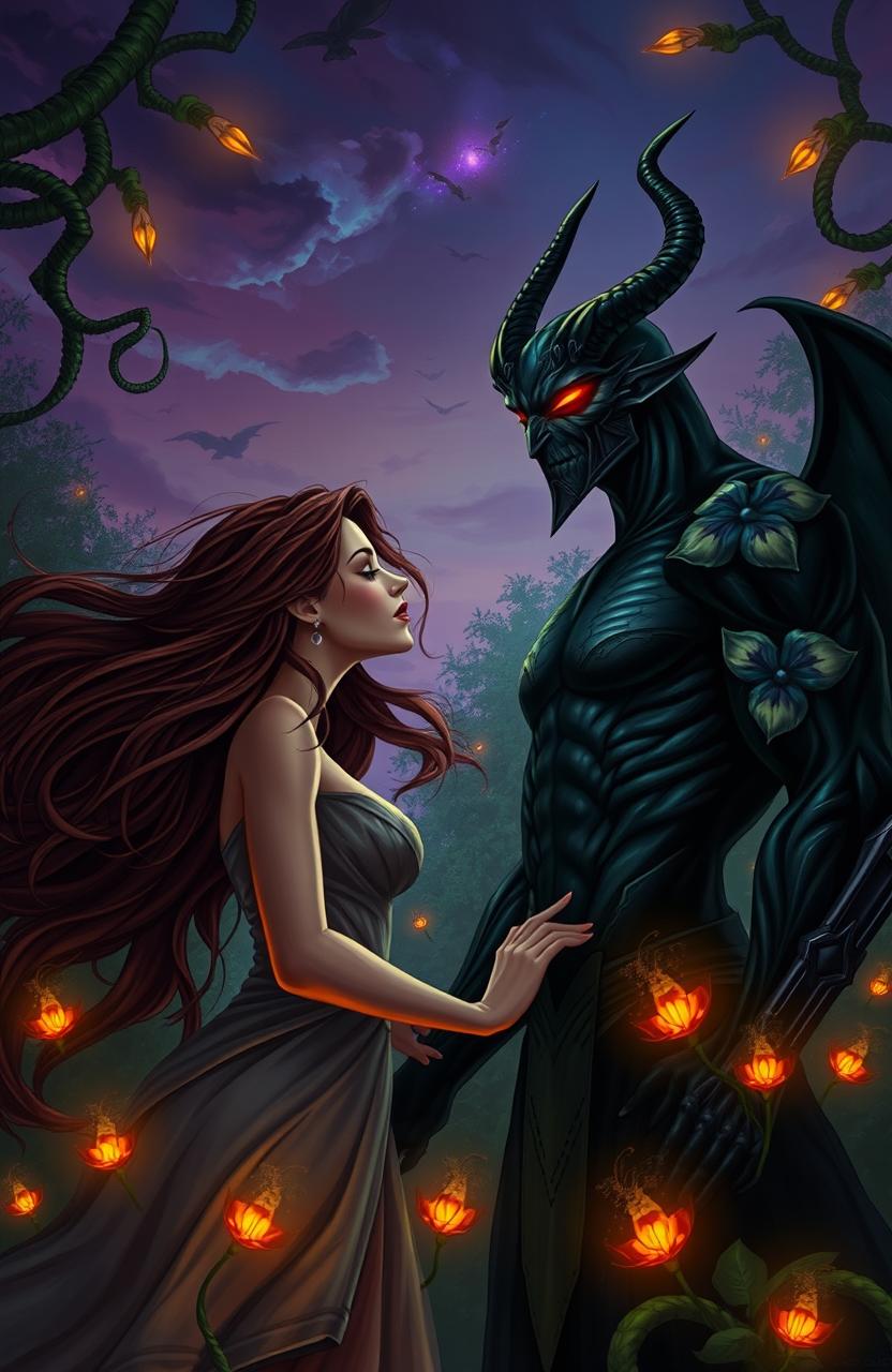 A passionate and dramatic scene depicting forbidden lovers, a beautiful human woman with flowing long hair and striking features, gazing lovingly at a tall, enigmatic demon with sharp features, dark skin and glowing eyes