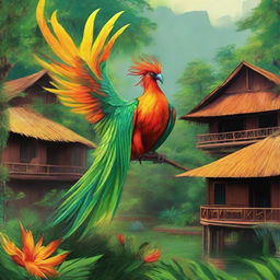 In a lush jungle, a mythical firebird elegantly spreads fire to the rustic huts. The native inhabitants, donned in traditional wear, radiate happiness amidst the radiant spectacle. The scene is a fusion of green foliage, rustic huts, and fiery hues.