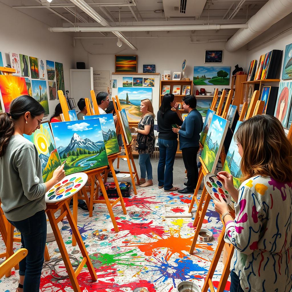 A vibrant art studio filled with adult artists focusing intently on their paintings