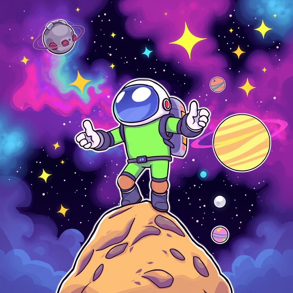 A colorful and playful illustration of an Among Us crewmate in a space setting, surrounded by stars and planets