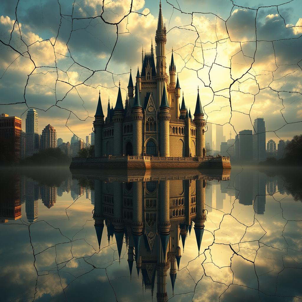 A captivating and enchanting original castle styled like a Disney enchanted movie, featuring a mirror reflection beneath it showing New York's big buildings in the water
