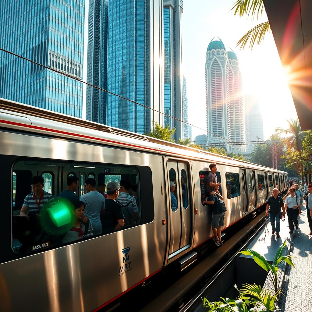 A Singapore MRT train traveling through a modern urban landscape, showcasing gleaming skyscrapers and lush greenery