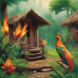 In a lush jungle, a mythical firebird elegantly spreads fire to the rustic huts. The native inhabitants, donned in traditional wear, radiate happiness amidst the radiant spectacle. The scene is a fusion of green foliage, rustic huts, and fiery hues.