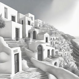 Detailed pencil sketch of the beautiful Santorino, Greece, capturing its unique architecture, winding streets and the azure sea.