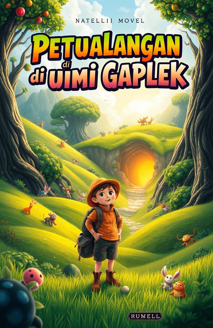 A captivating novel cover for 'Petualangan di Bumi Gaplek', featuring a lush and vibrant fantasy landscape that represents an enchanting world filled with rolling hills covered with green grass, towering ancient trees bearing colorful fruits, and whimsical creatures peeking from behind the foliage