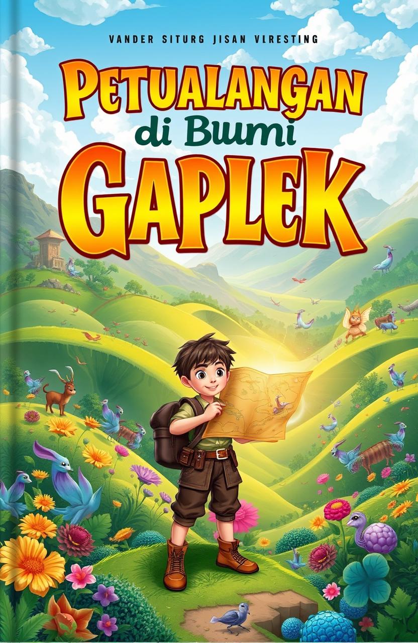 A captivating novel cover for 'Petualangan di Bumi Gaplek', featuring a lush, vibrant landscape of an imaginary land named Gaplek with rolling hills, colorful flora, and whimsical creatures native to this fantastical world