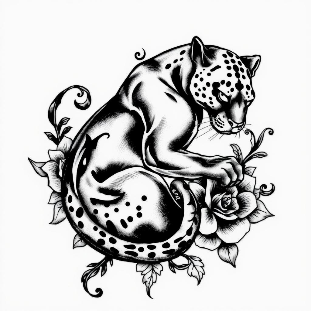 A detailed black panther tattoo design featuring intricate patterns and swirling tribal elements