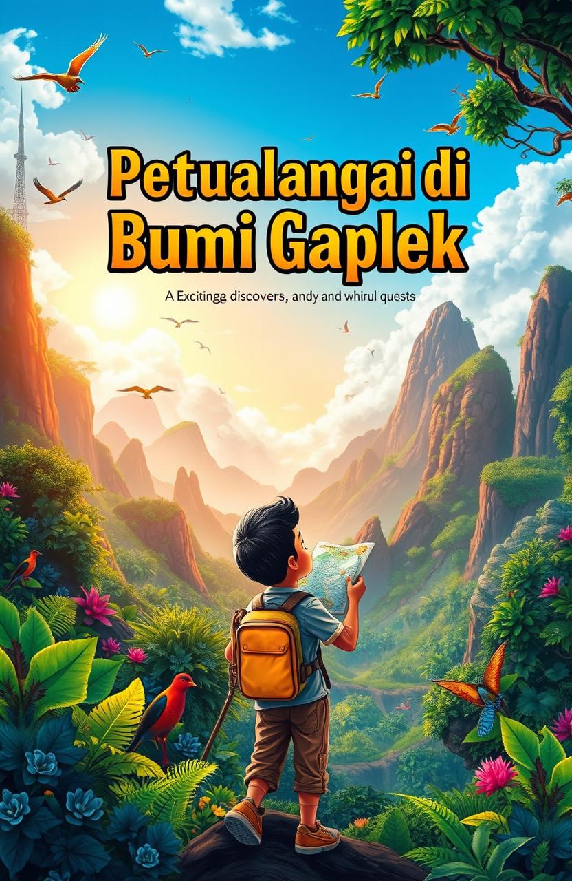 A captivating book cover for a novel titled 'Petualangan di Bumi Gaplek'