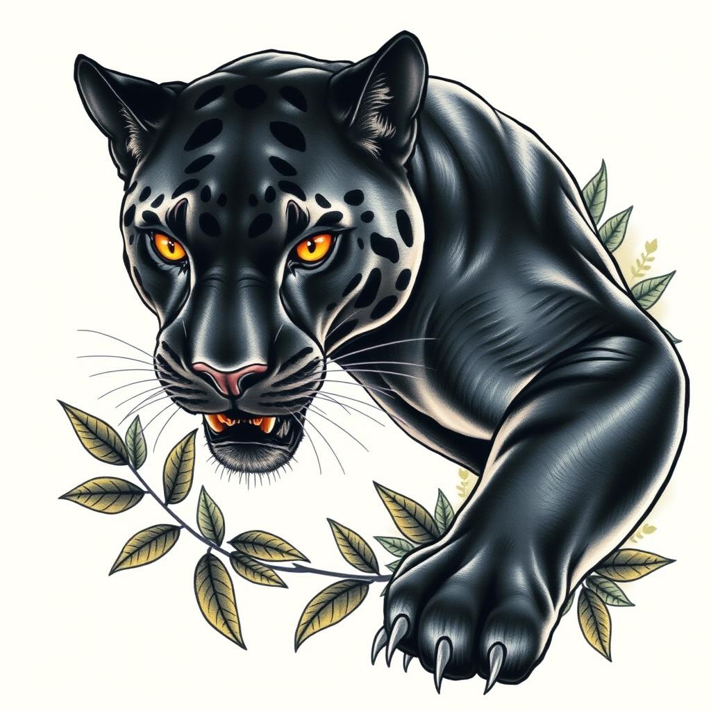 A realistic tattoo design of a black panther, showcasing the majestic animal in a dynamic pose, with intricate details highlighting its muscular structure and glistening fur