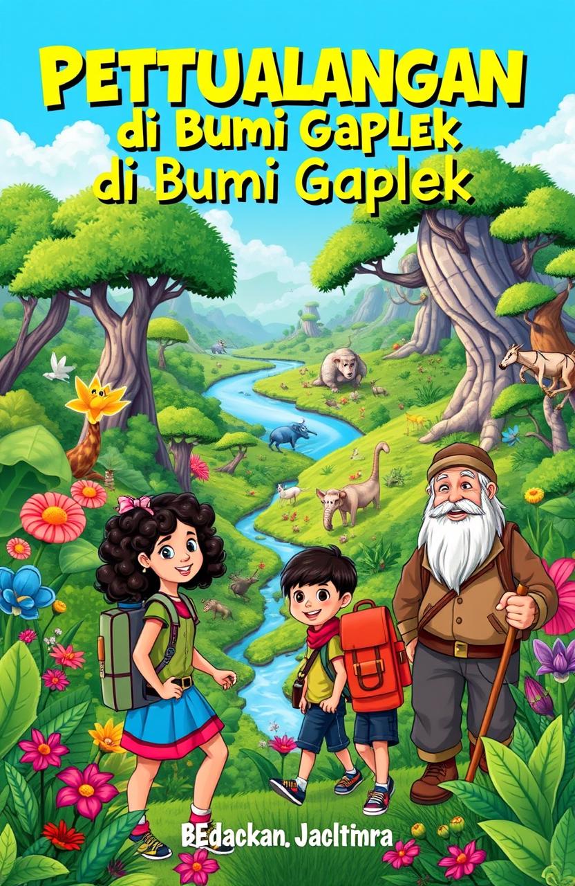 A vibrant cover design for a novel titled 'Petualangan di Bumi Gaplek'