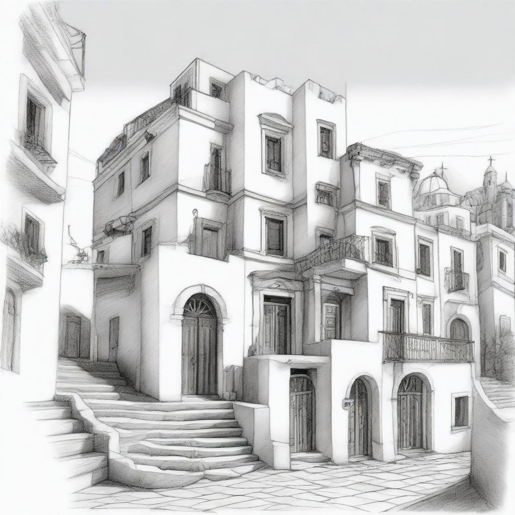 Detailed pencil sketch of the beautiful Santorino, Greece, capturing its unique architecture, winding streets and the azure sea.