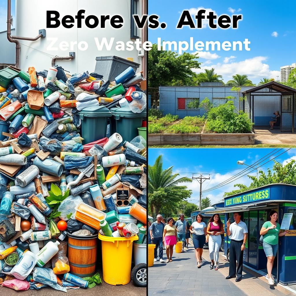 A split-screen comparison illustrating the concept of 'Before vs After Zero Waste Implementation'