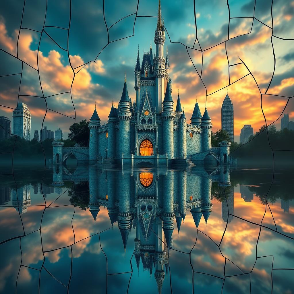 A breathtaking enchanted castle inspired by Disney style animation, showcasing its original design with majestic towers and intricate details