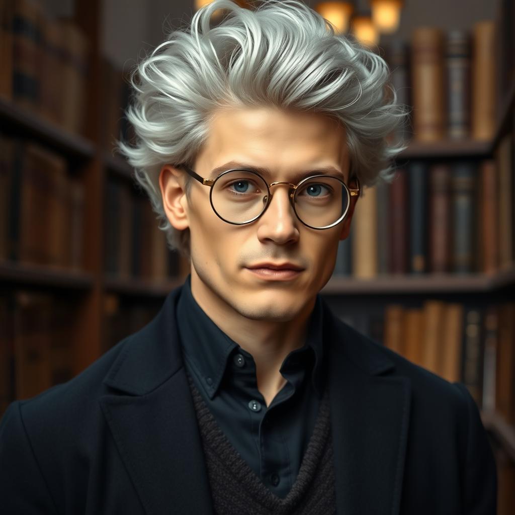 A 28-year-old man with silver fluffy hair, tall and fit physique, dressed in dark academia clothing