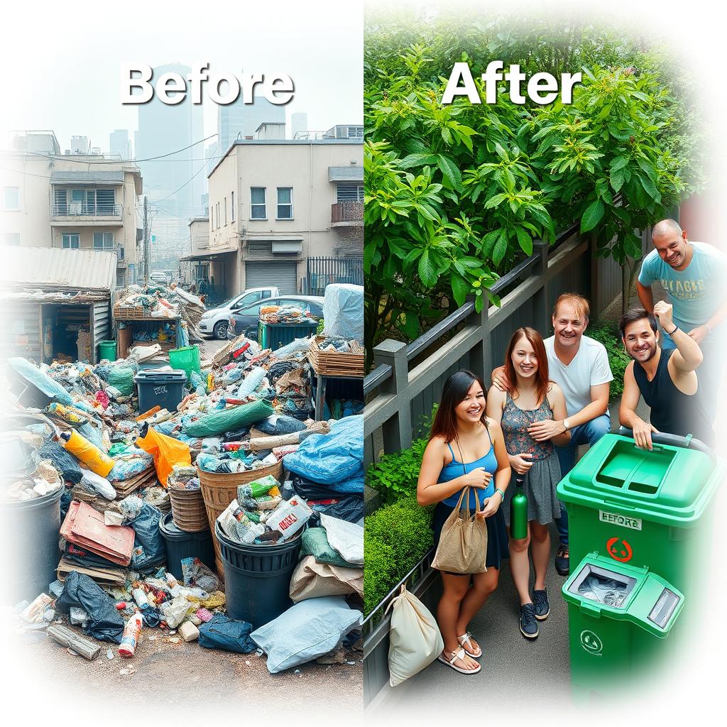 A single image depicting a powerful Before vs After Zero Waste Implementation scenario