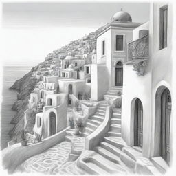 Detailed pencil sketch of the beautiful Santorino, Greece, capturing its unique architecture, winding streets and the azure sea.