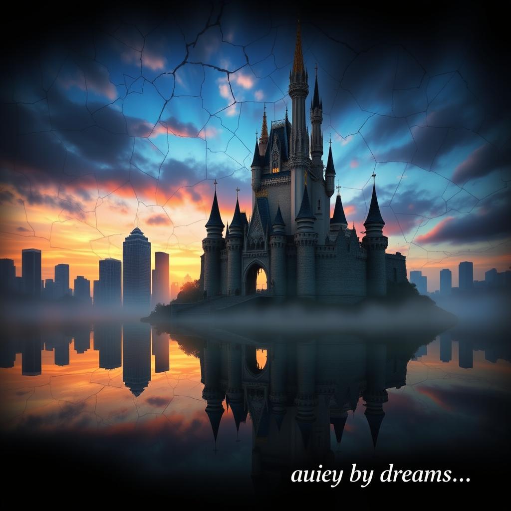 A fantastical and enchanting scene showcasing an original enchanted castle inspired by Disney, set under a beautiful sky with a crackling stained glass effect