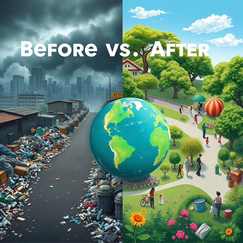 A dual-scene image illustrating 'Before vs After Zero Waste Implementation' in one cohesive picture