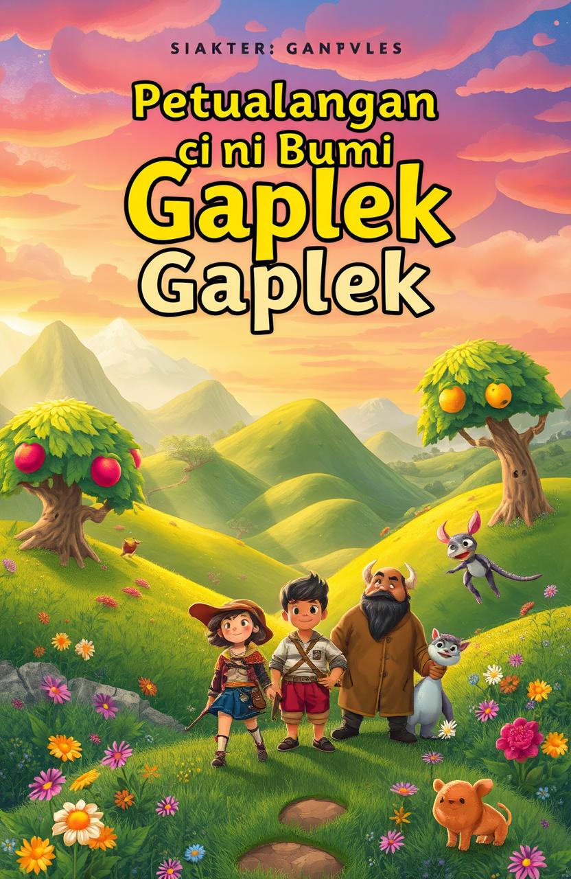 Cover novel with the title 'Petualangan di Bumi Gaplek', featuring a vibrant and enchanting landscape of a fictional land called Gaplek