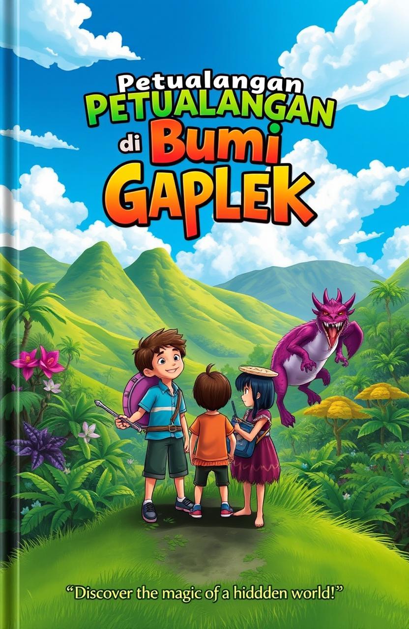 A captivating novel cover for 'Petualangan di Bumi Gaplek', featuring a lush, vibrant landscape of Gaplek with verdant hills and tropical trees