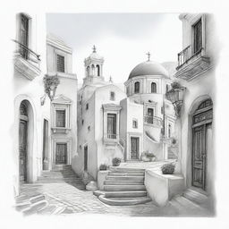 Detailed pencil sketch of the beautiful Santorino, Greece, capturing its unique architecture, winding streets and the azure sea.