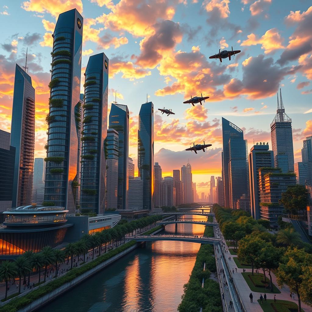 A futuristic city skyline at sunset, showcasing sleek, towering skyscrapers with reflective glass, adorned with lush vertical gardens