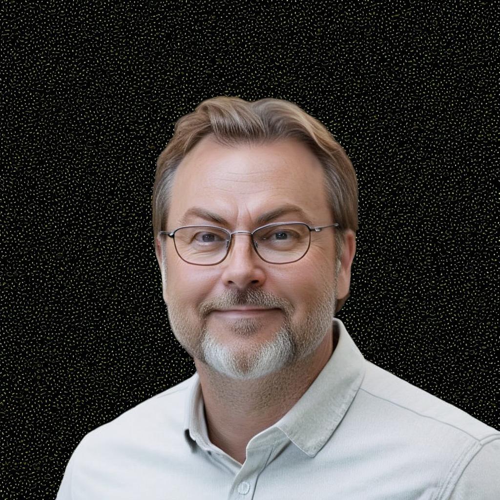 Turn the photo into a Pixar-style boy in his 40s, with light brown hair, short and thick disheveled hair, honey-colored egg eyes, curved nose, full lips, forehead with 2 very marked wrinkles and short beard, glasses with transparent frames, square face, and with a black t-shirt down to the waist, without no background