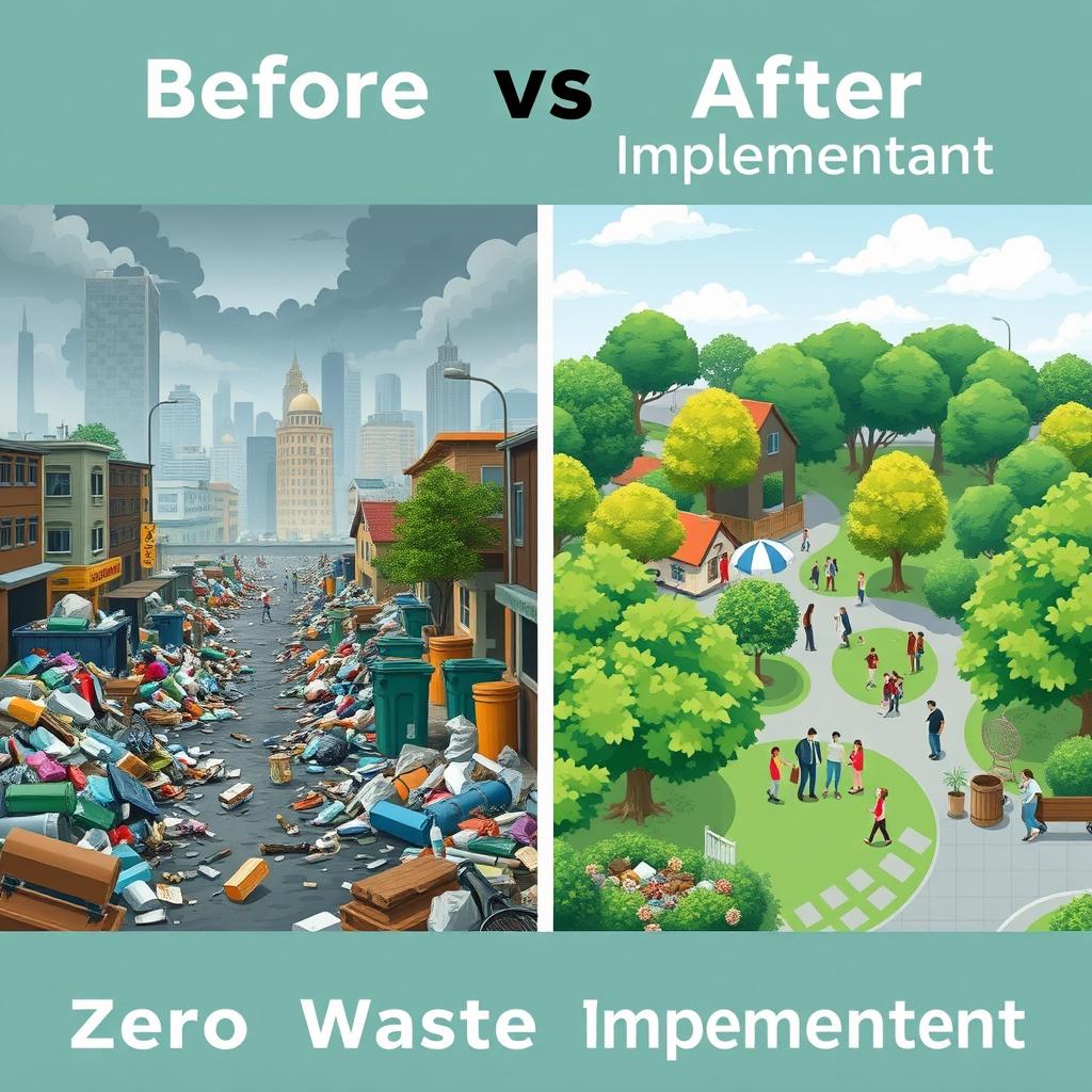 A dual-scene image illustrating 'Before vs After Zero Waste Implementation'
