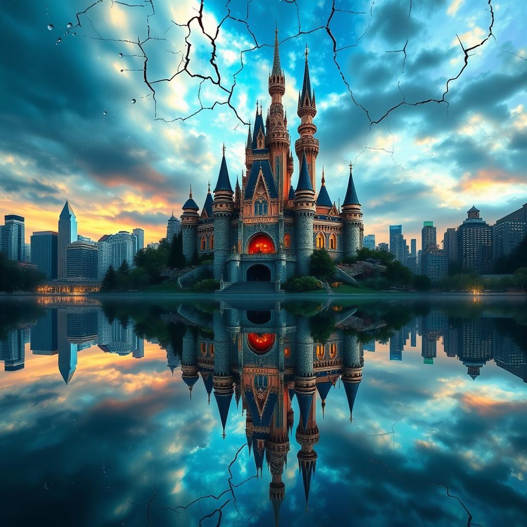 An enchanting and magical scene of an original enchanted castle in a Disney-style, featuring intricate architectural details with many towers and spires