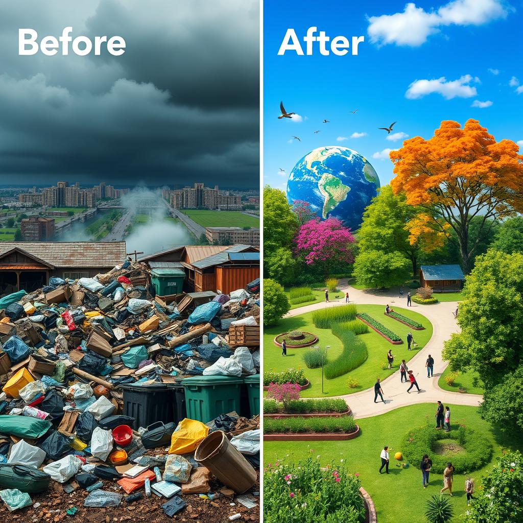 A single image split into two parts illustrating 'Before vs After Zero Waste Implementation'