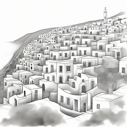 An outline-only pencil sketch of the picturesque Santorino, Greece, focusing on the outline of its architectural design and scenic beauty.