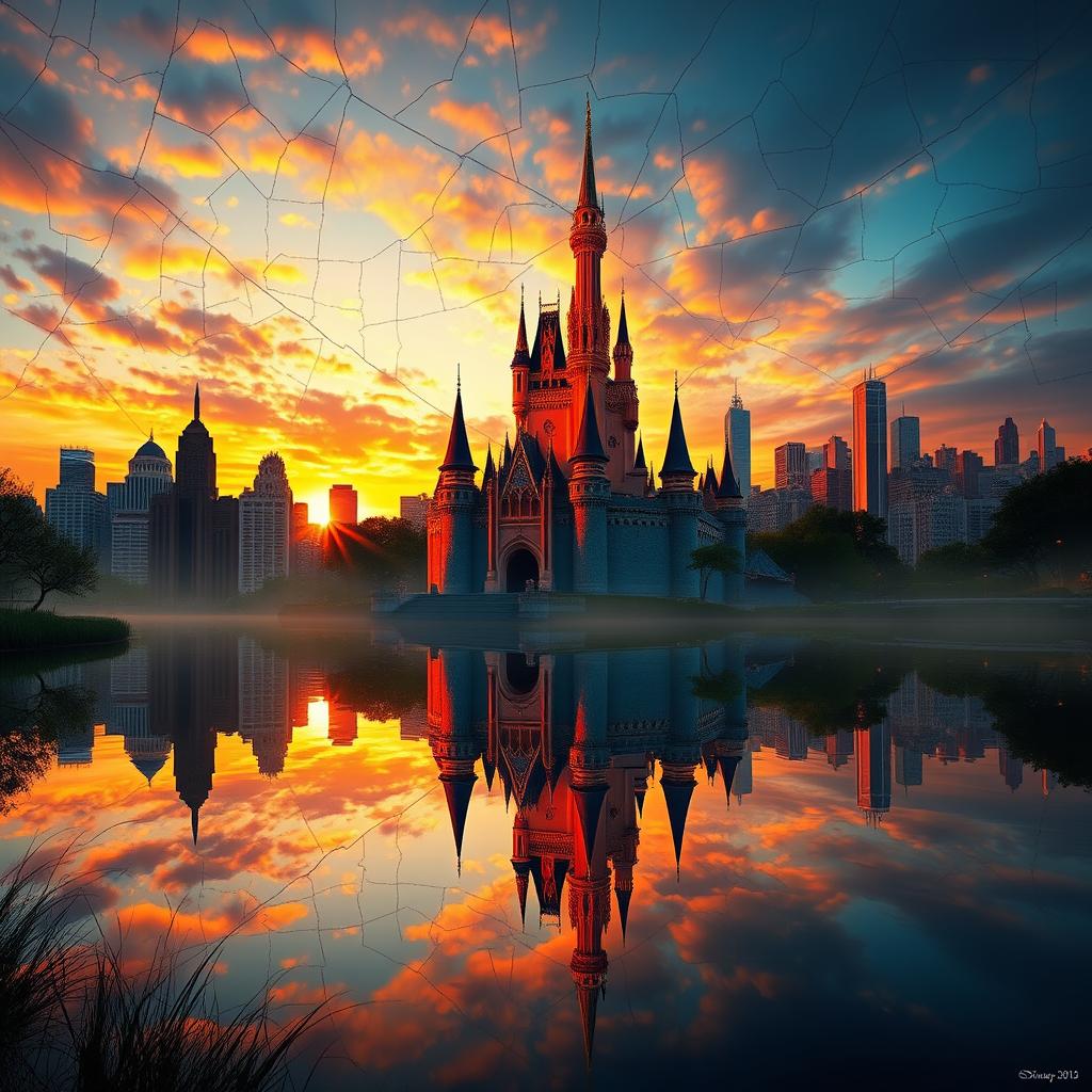 An enchanting sunset scene featuring a magical and original castle inspired by Disney style