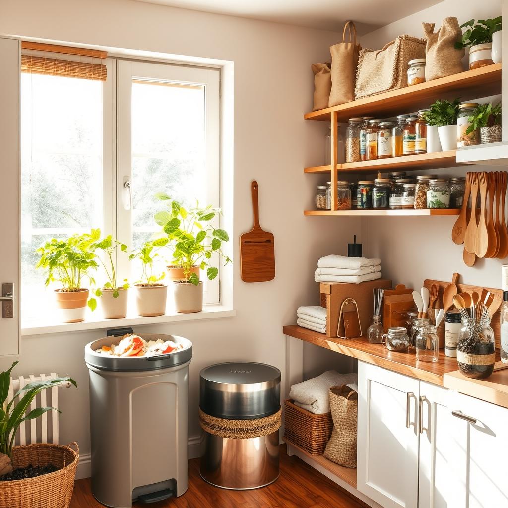 An inviting home scene showcasing 'Composting at Home and Reusable Items Collection'