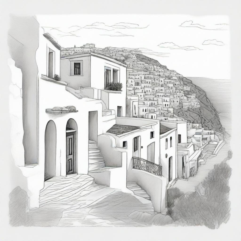 An outline-only pencil sketch of the picturesque Santorino, Greece, focusing on the outline of its architectural design and scenic beauty.