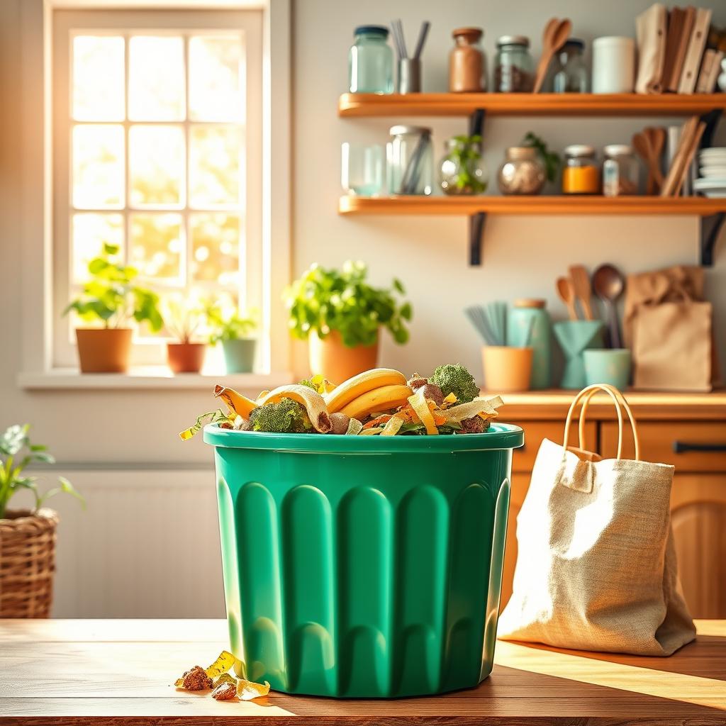 A colorful and inviting scene showcasing 'Composting at Home and Reusable Items Collection'