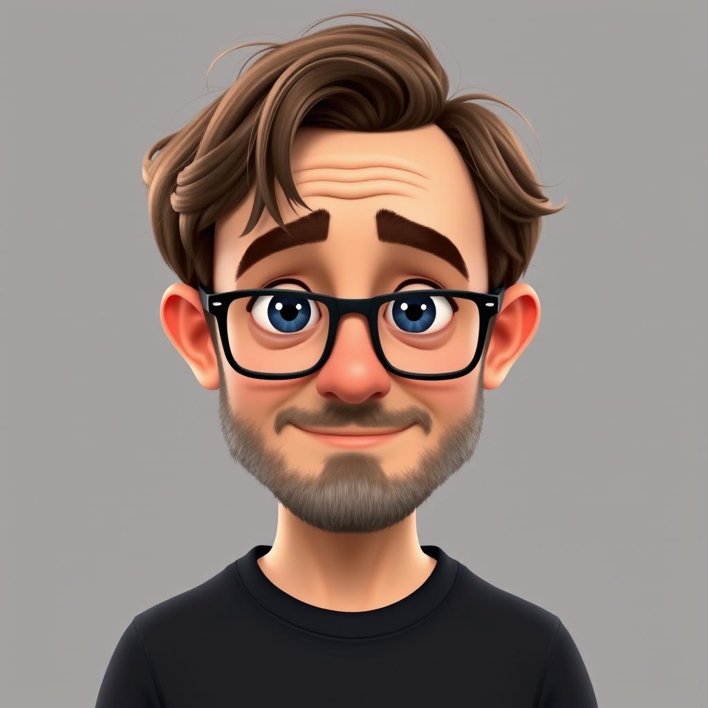 A Pixar-style character of a man in his 40s, featuring short, thick, disheveled brown hair
