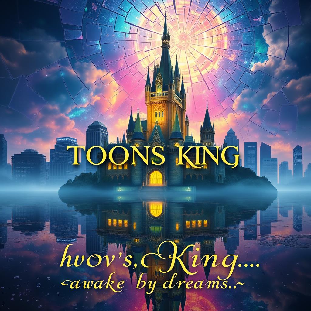 An enchanting and magical original castle illuminated in a mystical atmosphere, featuring a mirror reflection on shimmering water beneath the castle