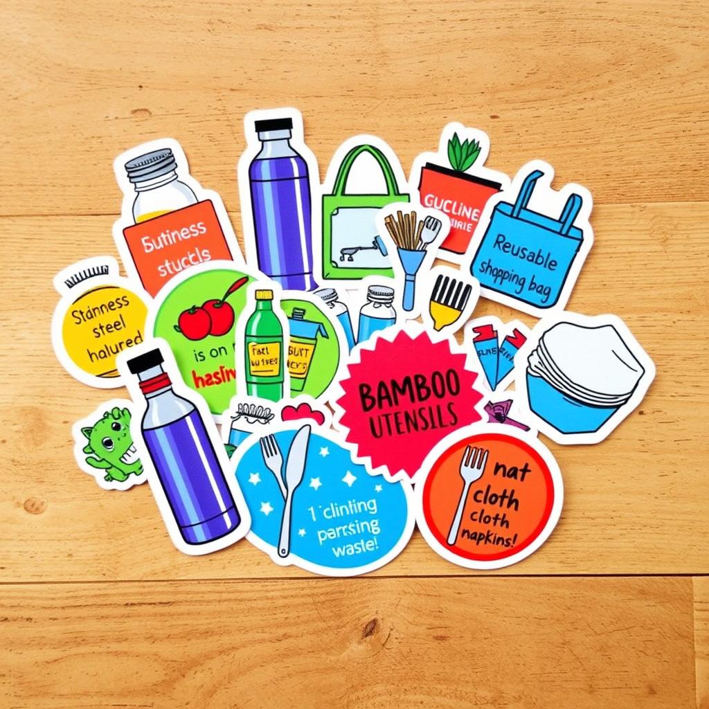 A vibrant and playful collection of real stickers showcasing various reusable items
