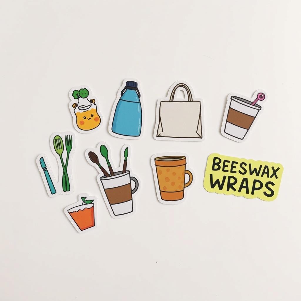 A vibrant collection of individual stickers featuring various reusable items