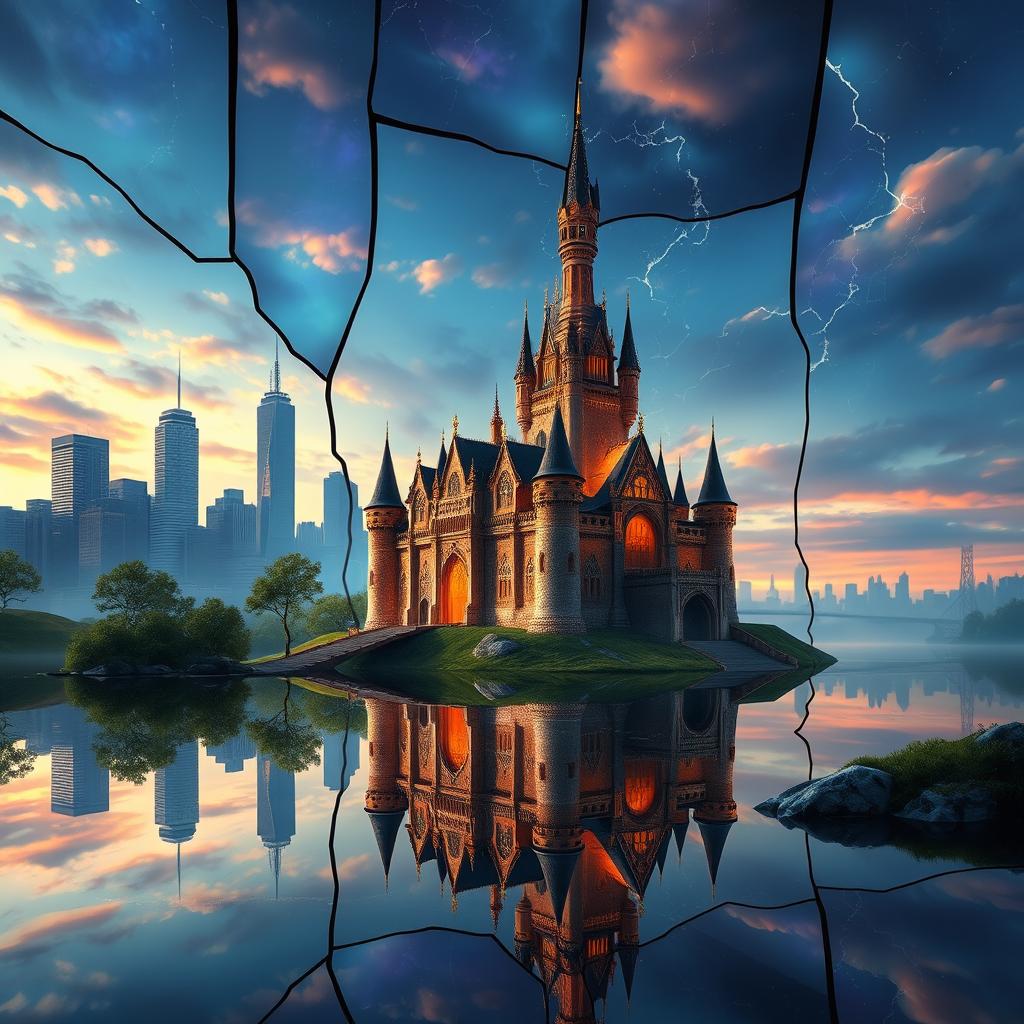 An enchanting, magical castle situated on a shimmering body of water, where the castle's reflection creates a stunningly beautiful mirage, resembling a broken stained glass window with its shattered pieces reflecting the surrounding scenery