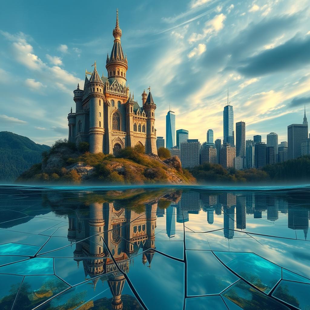 A magical, enchanted castle that embodies the essence of enchantment and dreams, set against a backdrop of a picturesque landscape