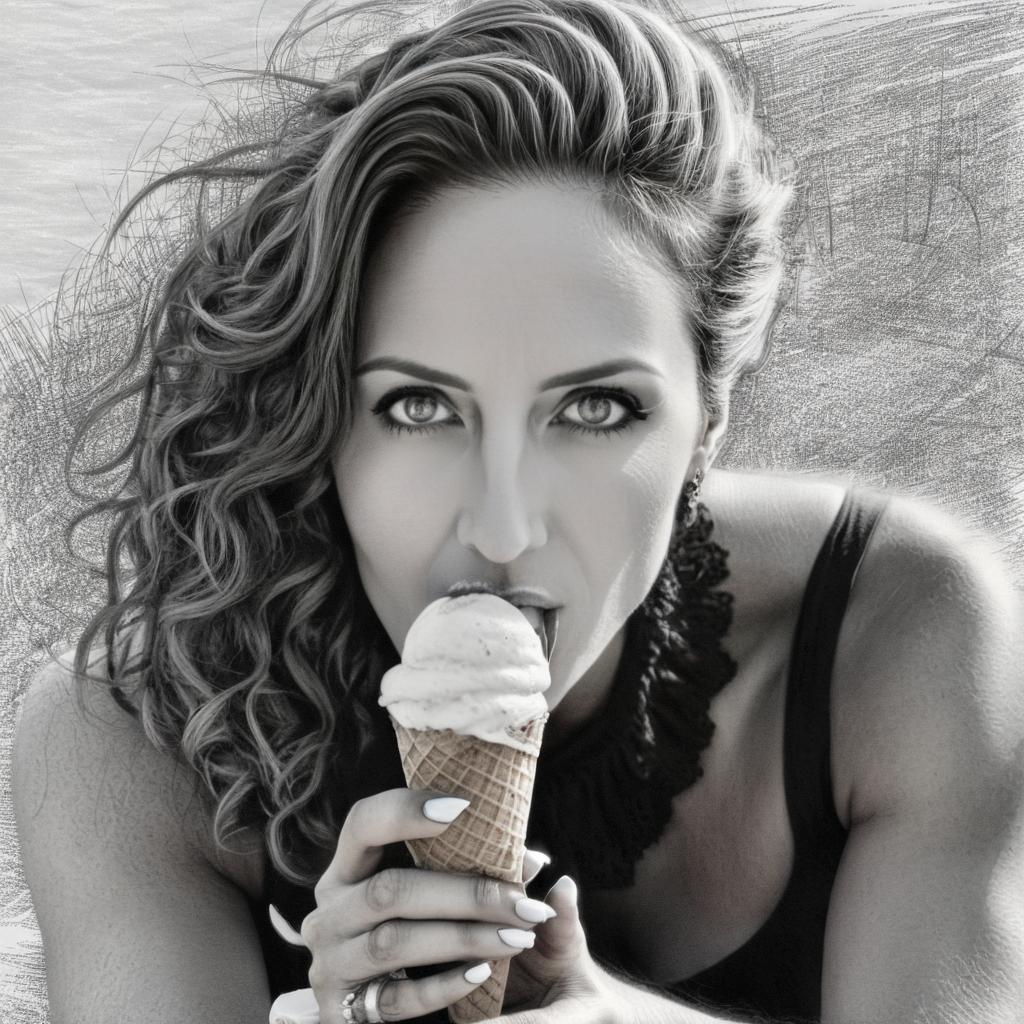 turn the image into a sketch. the woman has a icecream in her mouth and is making eye contact