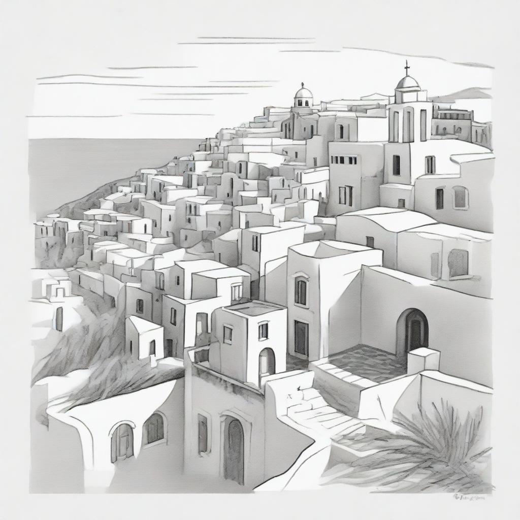 An outline-only pencil sketch of the picturesque Santorino, Greece, focusing on the outline of its architectural design and scenic beauty.